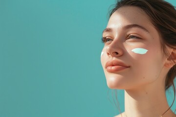 Wall Mural - A woman with blue eyes and a blue face is smiling. She is wearing makeup and has a blue tint to her face