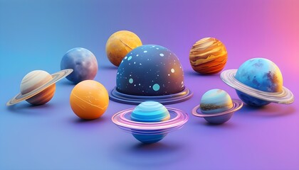 Wall Mural - Futuristic 3D Cartoon Models of Astronomical Bodies Against a Blue-Purple Background