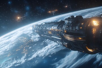 Wall Mural - futuristic spaceship orbiting earth