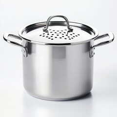 A stainless steel cooking pot with a lid and perforated design for steaming or draining.