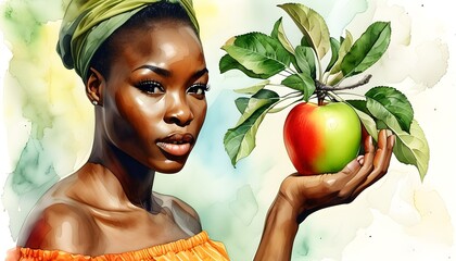 Wall Mural - Vibrant watercolor depiction of African American hands presenting apples surrounded by lush green leaves on a serene aquarelle backdrop, celebrating fresh fruit and healthy living