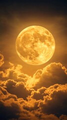 Wall Mural - Golden full moon rising behind clouds, night