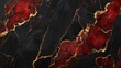 © P.G - Bold black and red marble texture with intricate gold veins, creating a striking abstract pattern. No people. No logo.