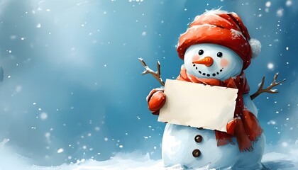 Cheerful snowman with a blank card on a snowy blue backdrop, celebrating winter holidays and festive greetings in a heartwarming watercolor illustration