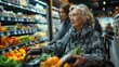 © Dennis - A caregiver helping a senior woman with shopping, pushing her wheelchair in a grocery store aisle, selecting items from the shelves