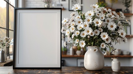 Empty frame mockup with a vase of daisies on a rustic wooden table in a modern kitchen.