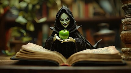Wall Mural - photo of an elaborate popup book. it is a evil queen witch from Snow White with a black hooded robe. she is holding an apple coated in green poison. 