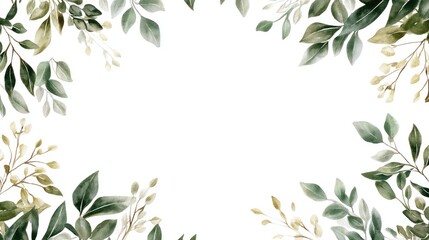 Green and gold botanical frame with leaves and branches forming a symmetrical border on a white background. No people. No logo.