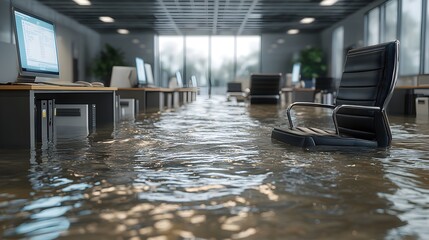 water-soaked office chairs and desks submerged in a flooded office, water splashing against a comput
