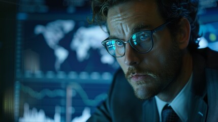 Aufkleber - A man wearing glasses is looking at a computer screen with a map on it