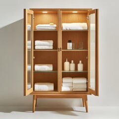 A wooden cabinet with glass doors displays neatly folded towels and personal care items.