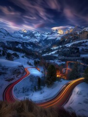 Canvas Print - A winding mountain road with light trails from passing cars. AI.