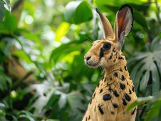 Wall Mural - A spotted hare blends in with the foliage. AI.