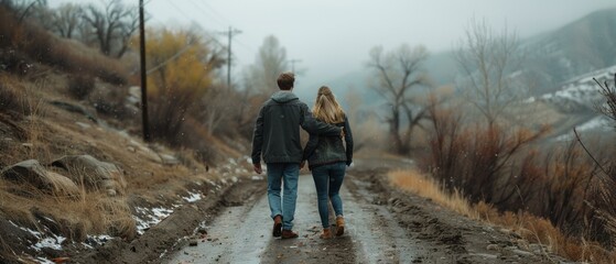 Sticker - A couple walks down a path in the snow. AI.