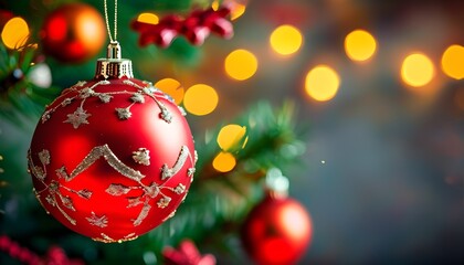 Poster - Festive red Christmas ornament against vibrant bokeh backdrop, embodying the spirit of celebration and holiday décor, perfect for seasonal greetings and cheerful wishes