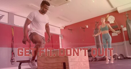 Poster - Animation of get fit don't quit text over diverse man and woman exercising in gym