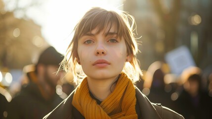 Sticker - A young woman in a yellow scarf looks directly at the camera. AI.