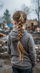 Wall Mural - A young girl with her hair in a braid looks at the destruction in her neighborhood. AI.