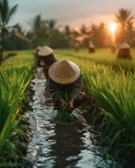 Sticker - A farmer plants rice seedlings in a paddy field. AI.