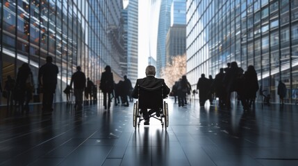 Poster - A man in a wheelchair is walking down a city street