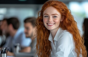 Confident red-haired businesswoman presenting ideas to colleagues in a modern office setting