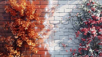 the same red brick wall across different seasons covered in snow, adorned with autumn leaves, basking in summer sunlight, and framed by spring blooms