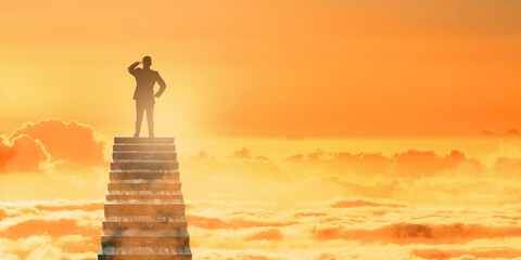 Aufkleber - Back view of young businessman climbing ladder on golden sky background with mock up place and clouds. Growth, success and forward concept. Double exposure.