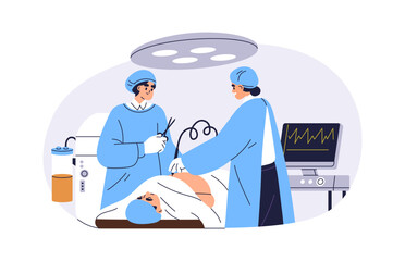 Liposuction surgery, fat removal, body reshaping. Lipo procedure for weight loss, aesthetic correction. Surgeons performing operation in clinic. Flat vector illustration isolated on white background