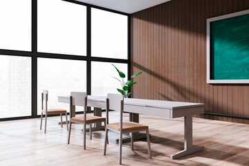 Poster - New stylish classroom interior with panoramic window and city view, wooden floor and green blackboard on wall. School, university and education concept. 3D Rendering.