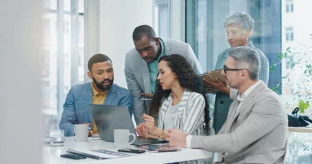 Canvas Print - Boardroom, collaboration and business people with laptop for solution, connection and glitch on company page. Corporate staff, ceo or manager with digital for network issue, website error and office