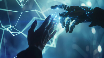 Poster - A futuristic scene depicting a human hand reaching towards a robotic hand, symbolizing the connection between man and technology.