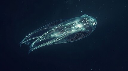 A translucent, bioluminescent octopus, with a long, thin body and large eyes, swims in a dark, deep blue water.