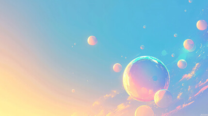 Poster - An artistic depiction of colorful bubbles floating against a soft sky, creating a peaceful and enchanting visual experience.