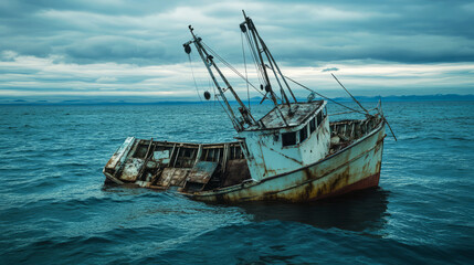 Rusty, abandoned fishing boat sinking into the sea, symbolizing decay and solitude beneath an overcast sky.
