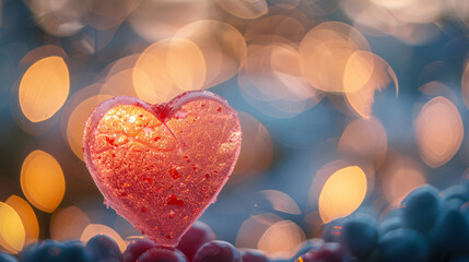 Poster - A beautifully crafted heart-shaped ice sculpture glimmering with light, set against a backdrop of soft bokeh highlights.