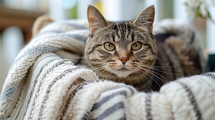 A domestic kitten peers out from a window, sitting above a white towel and a striped towel, with a cityscape backdrop highlighting its gray fur and expressive eyes.