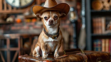 Wall Mural - A sweet dog in a cowboy hat sitting on a leather suitcase, with a rustic wooden clock and a bookshelf creating a beautiful and quaint indoor environment.