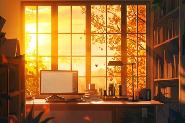 A Serene Office With A Window View Of A Tranquil City Skyline At Twilight And Cozy, Warm Light Filling The Space. Cozy Vibe, Generative AI