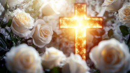 Glowing Cross With White Roses