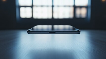 Poster - A Black Smartphone Floating Above a Blue Wooden Table