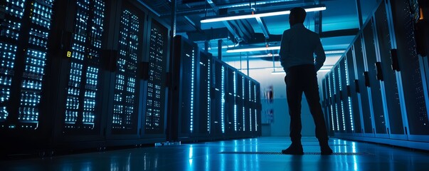 Poster - A silhouette of a man standing in a data center, illuminated by blue lights, showcasing high-tech server racks.