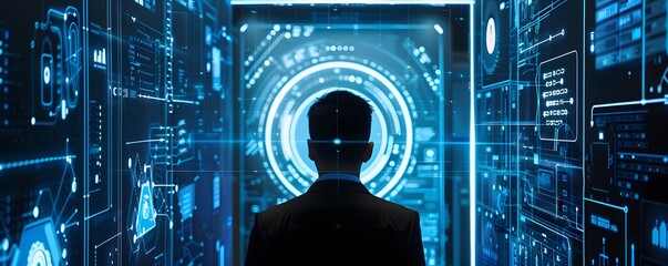 Poster - A silhouette of a person in front of digital screens, representing technology, innovation, and the future of data interaction.