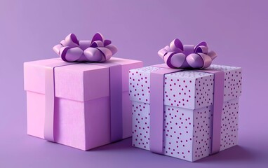 3d illustration of two purple gift boxes with ribbons and bows, isolated on purple background