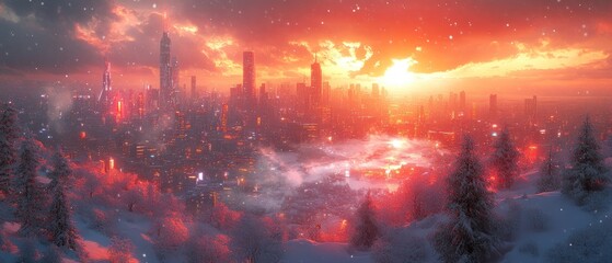 Poster - Snow-Covered Cityscape at Sunset with Red Sky