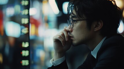 Poster - Man in Glasses and Suit Contemplating Stock Market Data