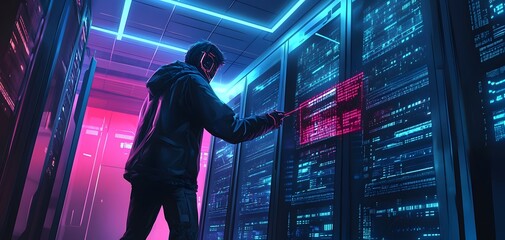 Poster - A technician monitors server data in a high-tech facility with vivid neon lighting, showcasing modern technology and cybersecurity.