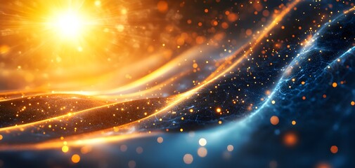 Poster - A vibrant abstract background featuring waves of light, sparkling particles, and rich colors, perfect for creative designs and visuals.