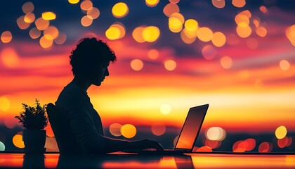 Wall Mural - Dreamy silhouette of a person working on a laptop amidst bokeh lights and a vibrant sunset backdrop