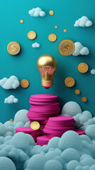 Poster - A light bulb is floating above a pile of gold coins. The light bulb represents an idea or a concept, while the gold coins symbolize wealth or value. Concept of innovation and prosperity
