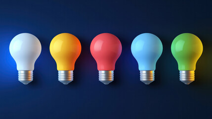 Wall Mural - A row of colorful light bulbs on a dark background. The bulbs are of different colors and sizes, creating a sense of variety and diversity. The image conveys a feeling of creativity and innovation